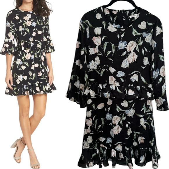 NEW Avec Les Filles Black and Floral Print Ruffle Mini Dress Women's Size 2 - Picture 2 of 11